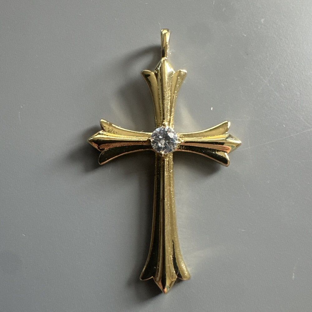 Gold Plated Cross Pendant Centered Cubic Zirconia Religious Faith Catholic Gift